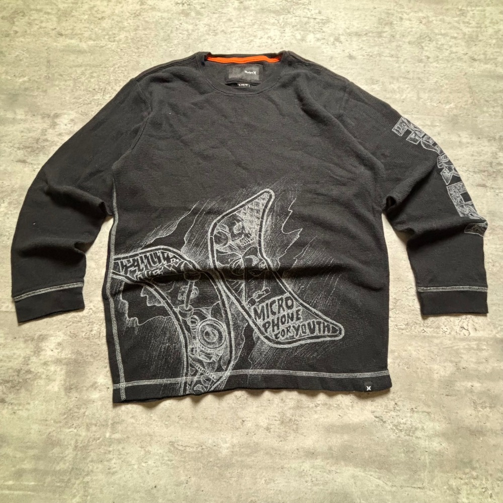 Hurley Thermal Shirt Large Black Graphic Long Sleeve Waffle Knit Skater Top